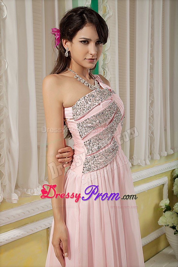 Pink Empire One Shoulder Beaded Floor Length Prom formal Dress