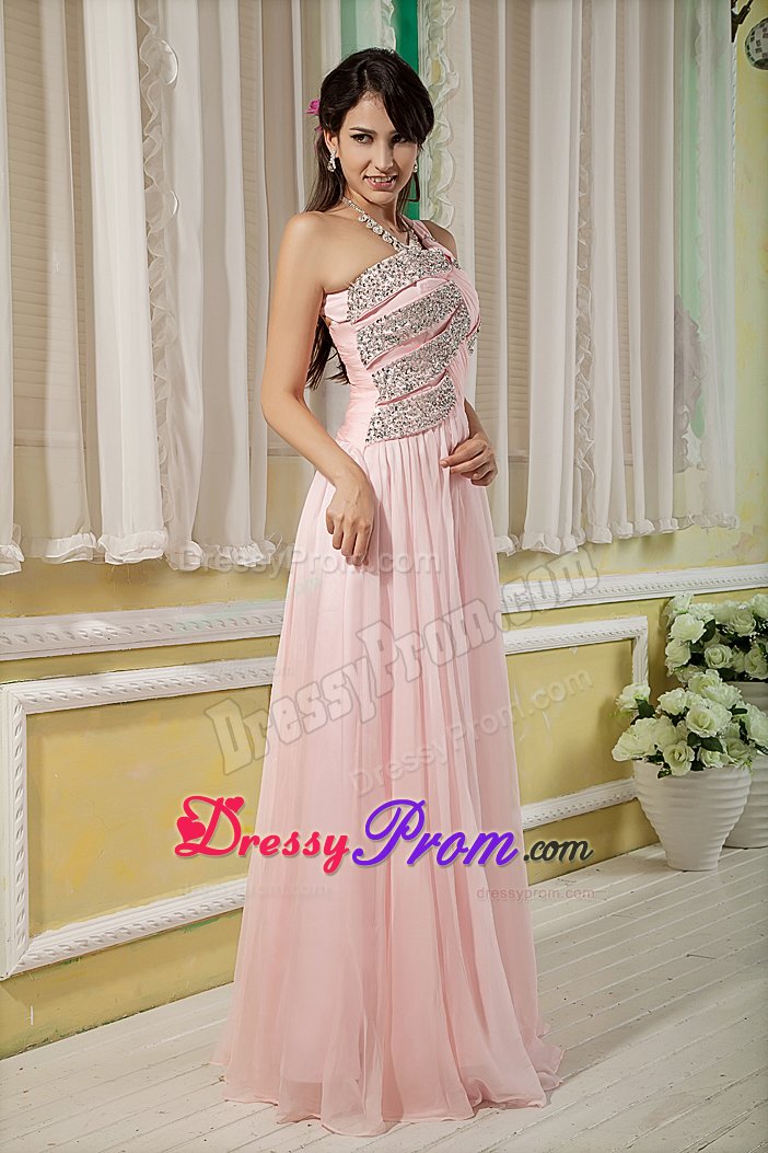 Pink Empire One Shoulder Beaded Floor Length Prom formal Dress