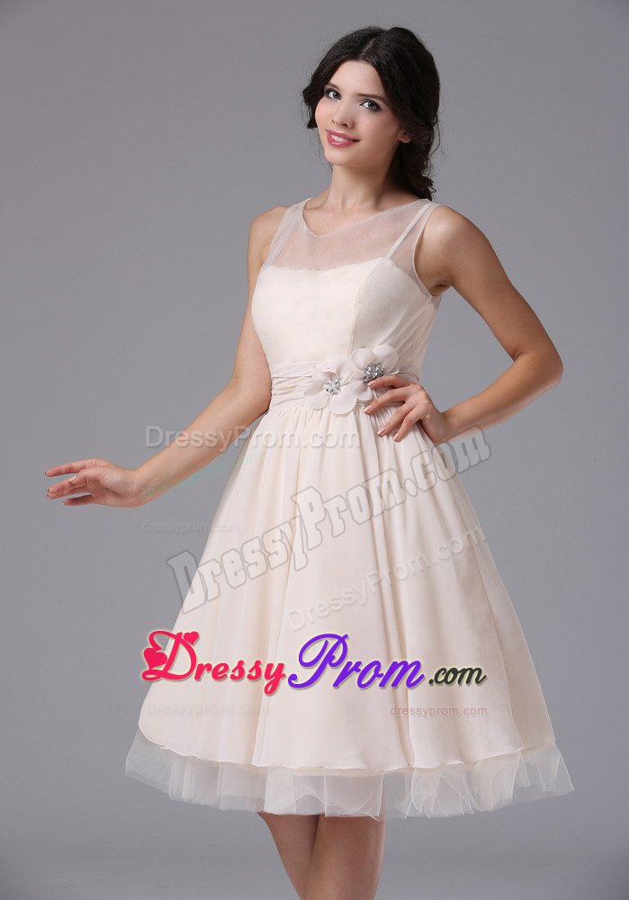 Flower Accent Bateau Cream Colored Chiffon Prom Pageant Dresses