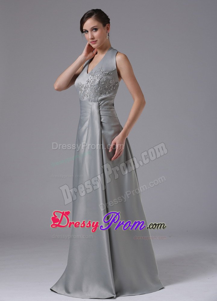 Gray Halter Floor Length Prom Pageant Dresses with Appliques