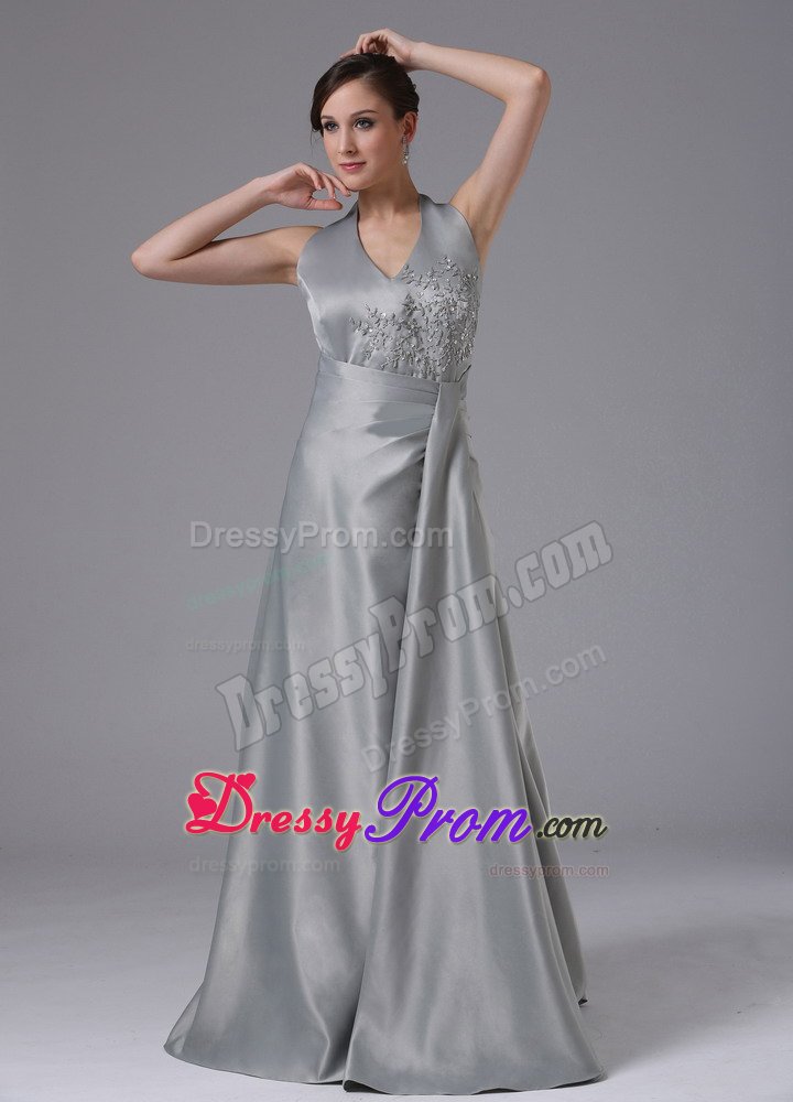 Gray Halter Floor Length Prom Pageant Dresses with Appliques