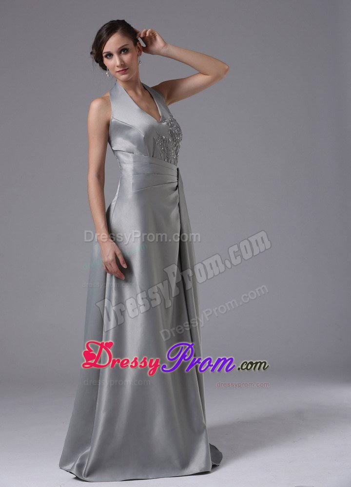 Gray Halter Floor Length Prom Pageant Dresses with Appliques