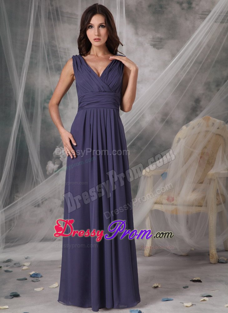 Purple Empire V-neck Ruched Prom Pageant Dress of Floor Length