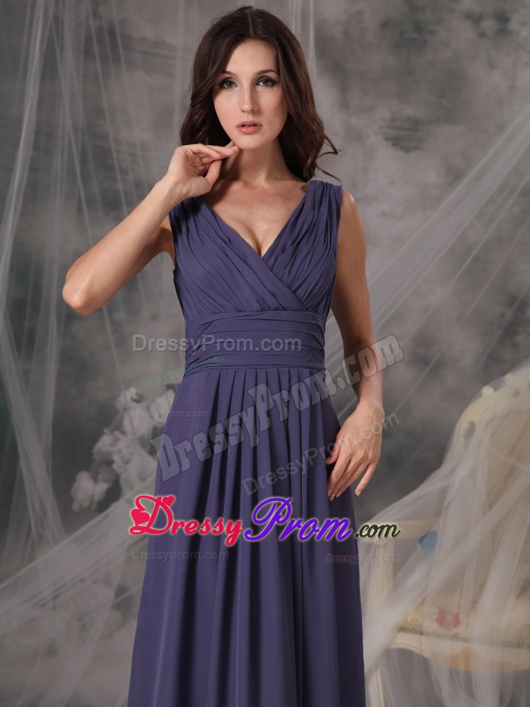 Purple Empire V-neck Ruched Prom Pageant Dress of Floor Length