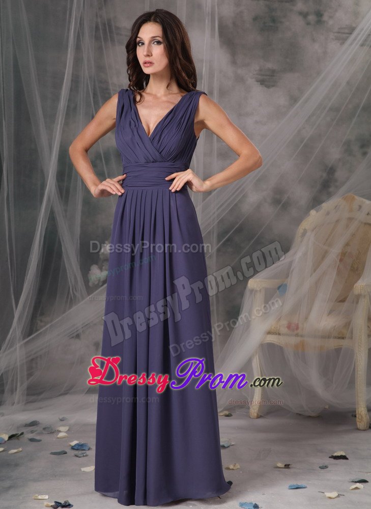 Purple Empire V-neck Ruched Prom Pageant Dress of Floor Length