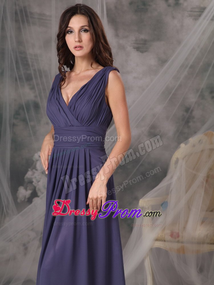 Purple Empire V-neck Ruched Prom Pageant Dress of Floor Length