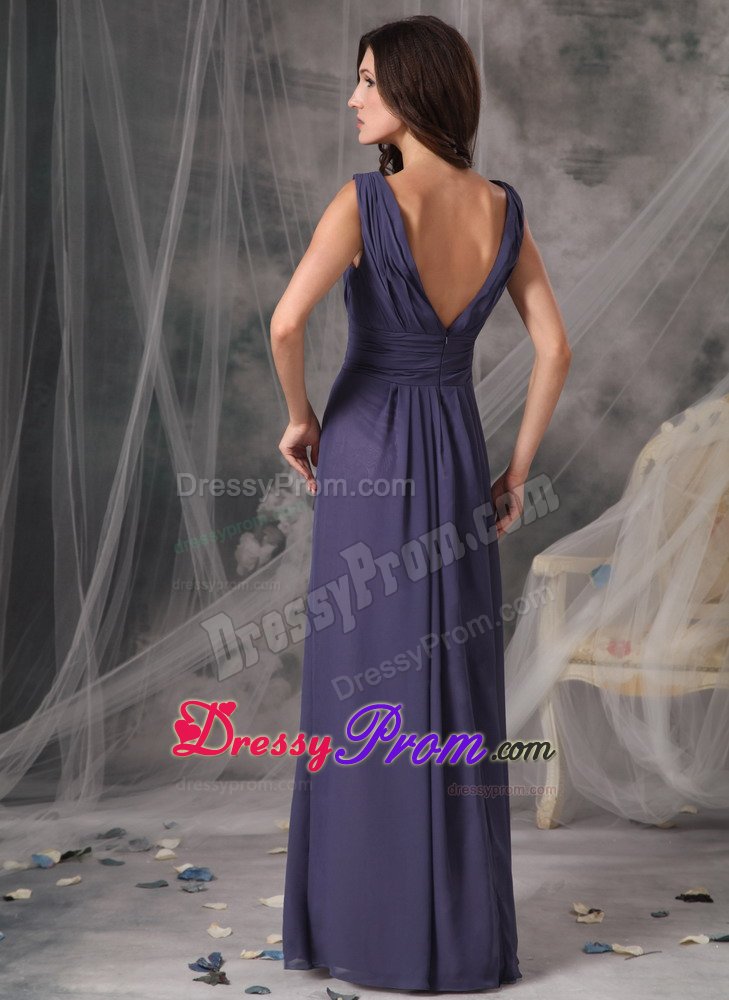 Purple Empire V-neck Ruched Prom Pageant Dress of Floor Length
