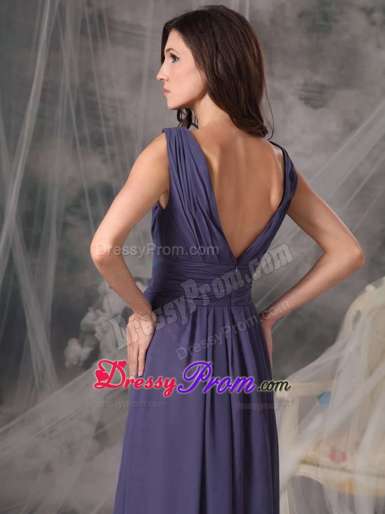 Purple Empire V-neck Ruched Prom Pageant Dress of Floor Length