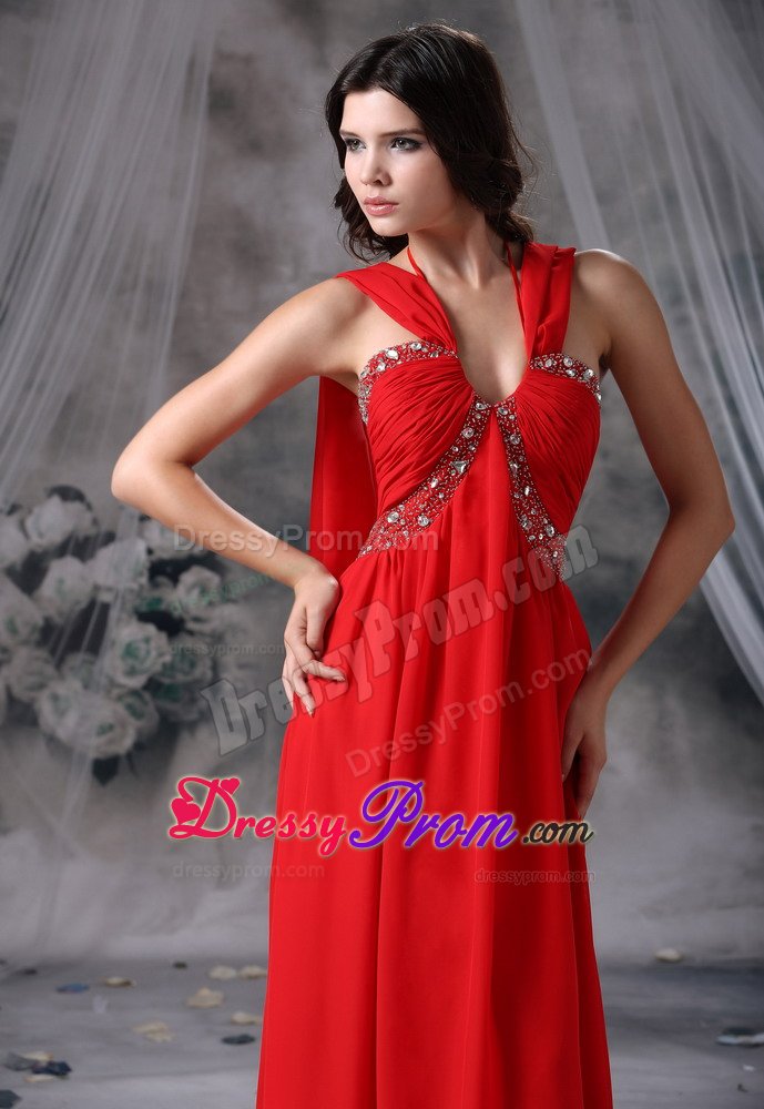 Red Halter Chiffon Prom Homecoming Dresses with Beading Ruches