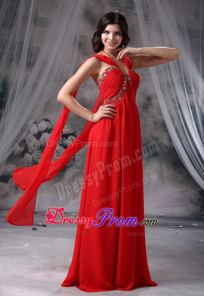 Red Halter Chiffon Prom Homecoming Dresses with Beading Ruches