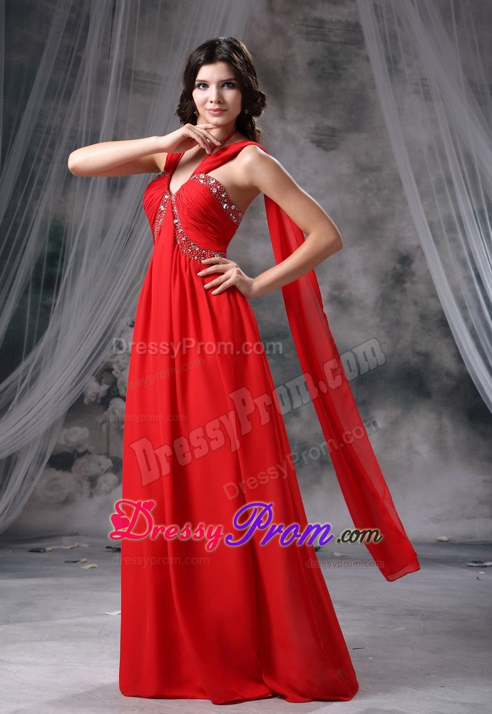 Red Halter Chiffon Prom Homecoming Dresses with Beading Ruches