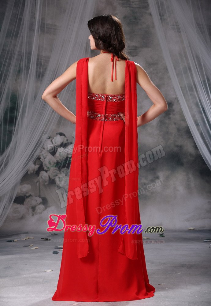 Red Halter Chiffon Prom Homecoming Dresses with Beading Ruches