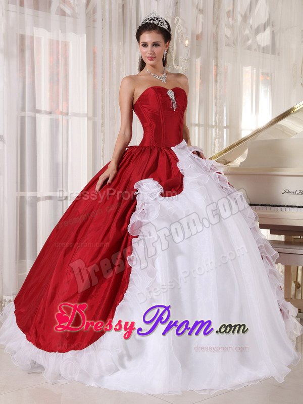 Sweet Taffeta and Organza Sweet 15 Dresses Beading in Red and White