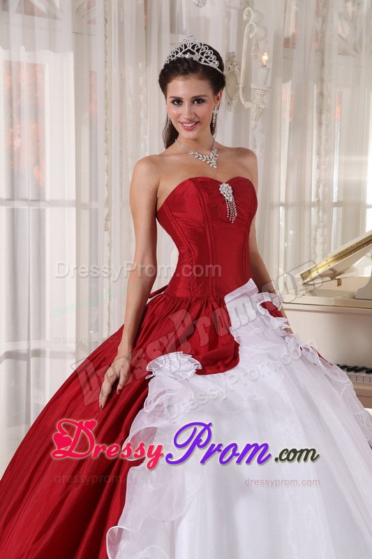 Sweet Taffeta and Organza Sweet 15 Dresses Beading in Red and White