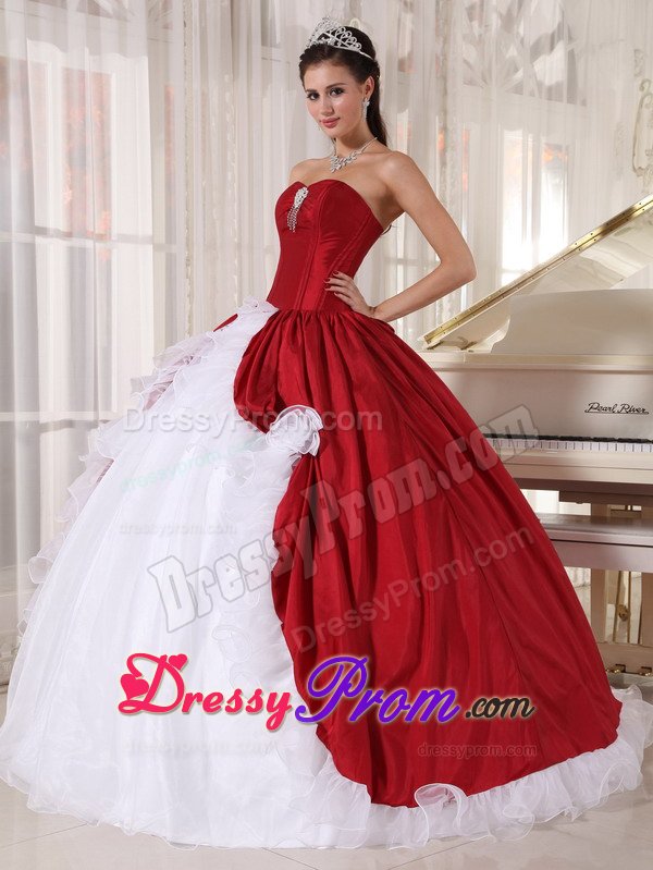 Sweet Taffeta and Organza Sweet 15 Dresses Beading in Red and White