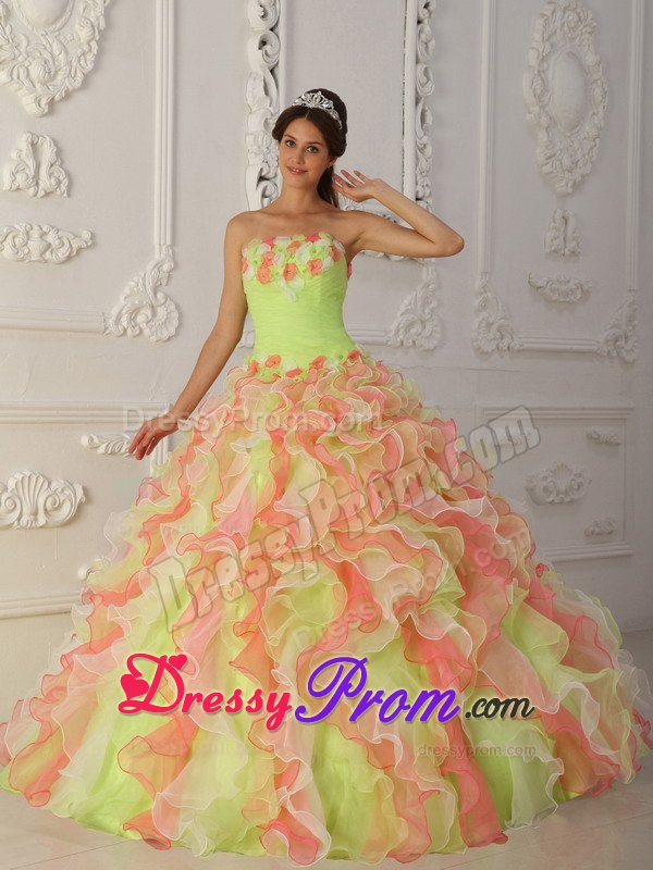 Colorful Dresses for 15 Ruffled Layers Strapless Hand Made Flowers