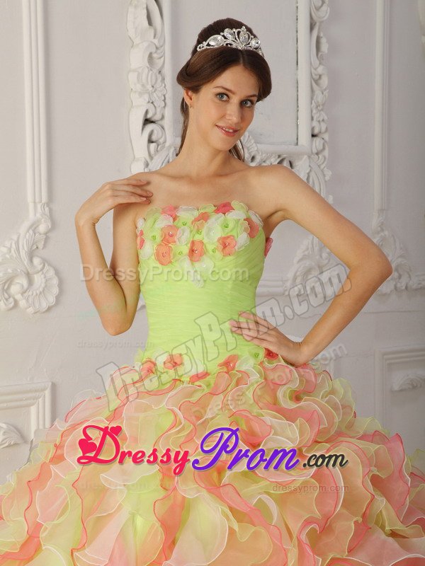 Colorful Dresses for 15 Ruffled Layers Strapless Hand Made Flowers