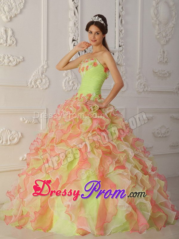 Colorful Dresses for 15 Ruffled Layers Strapless Hand Made Flowers