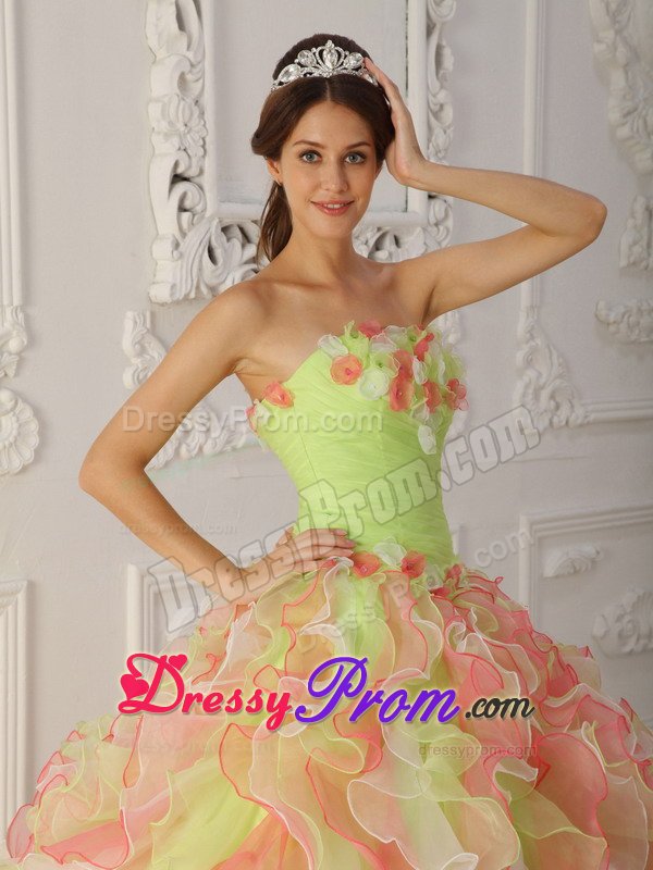 Colorful Dresses for 15 Ruffled Layers Strapless Hand Made Flowers