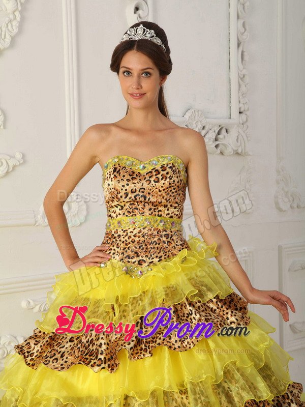 Sexy Sweetheart Sweet 15 Dresses Brush Train Leopard with Rhinestone