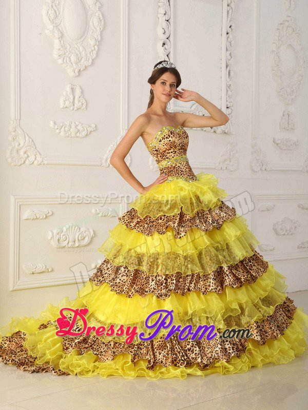 Sexy Sweetheart Sweet 15 Dresses Brush Train Leopard with Rhinestone