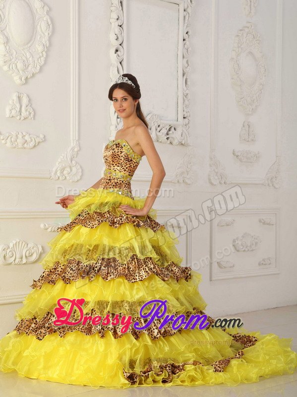 Sexy Sweetheart Sweet 15 Dresses Brush Train Leopard with Rhinestone