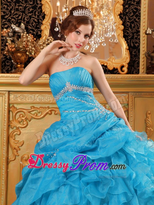 Lovely Blue Strapless Ruffled Dresses for 15 Beading Lace up Back
