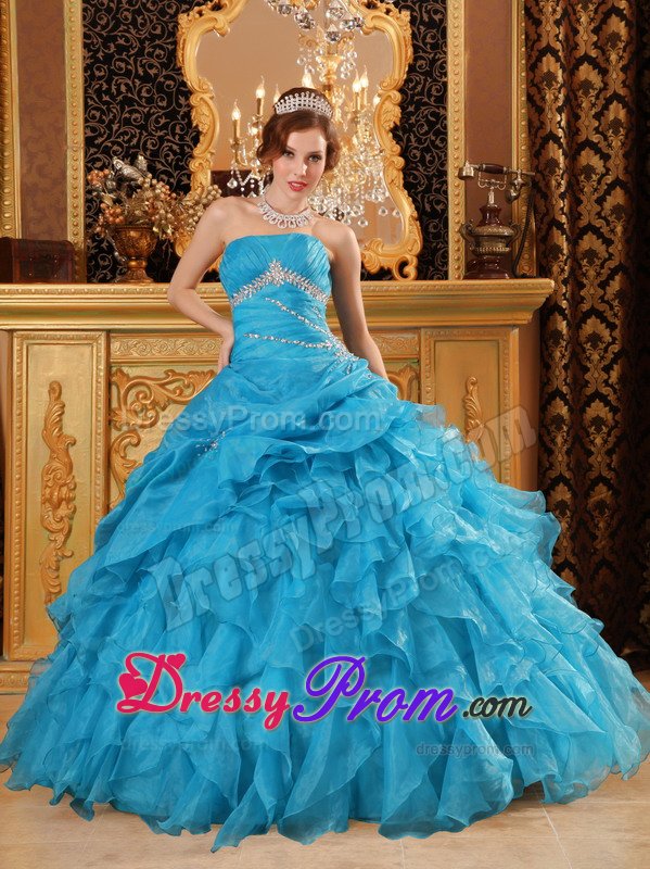 Lovely Blue Strapless Ruffled Dresses for 15 Beading Lace up Back
