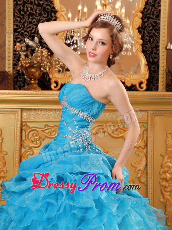 Lovely Blue Strapless Ruffled Dresses for 15 Beading Lace up Back
