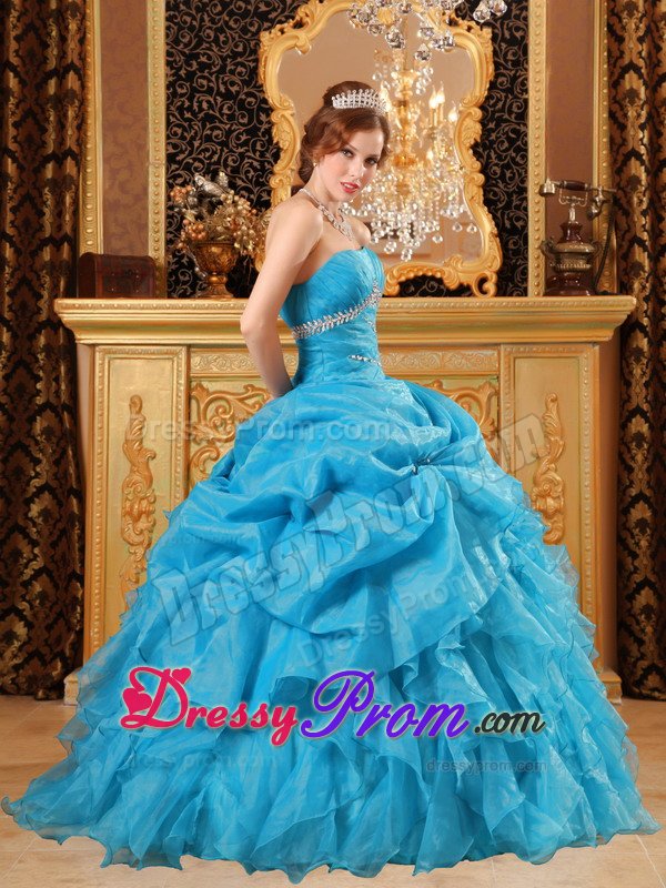 Lovely Blue Strapless Ruffled Dresses for 15 Beading Lace up Back