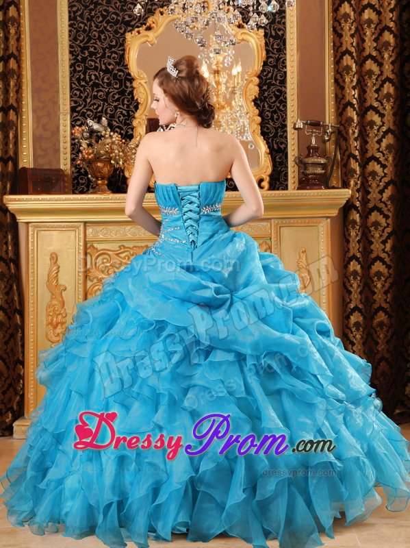Lovely Blue Strapless Ruffled Dresses for 15 Beading Lace up Back