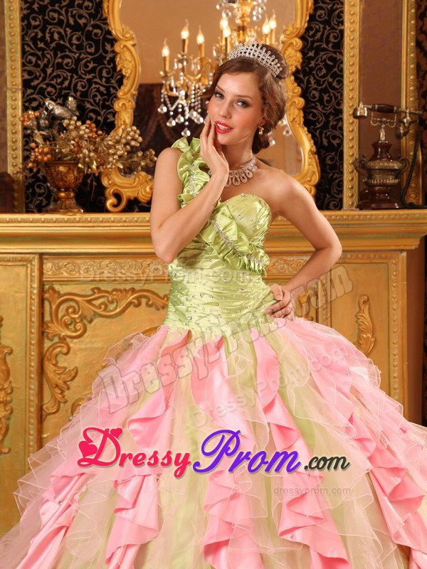 Multi-Colored Single Shoulder Ruffles Dresses for a Quince Beading