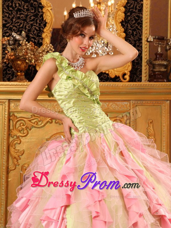 Multi-Colored Single Shoulder Ruffles Dresses for a Quince Beading