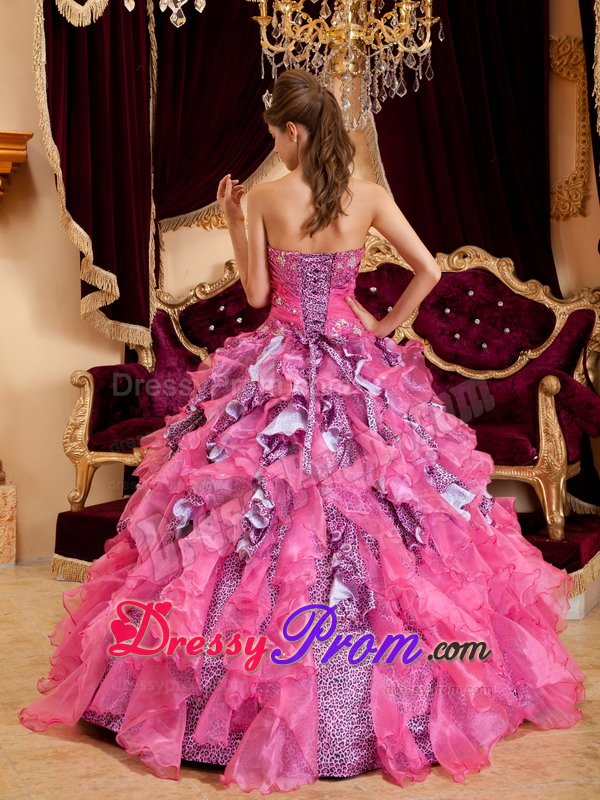 Sweetheart Beaded Sweet 15 Dresses Ruffled Layers Leopard Decorated