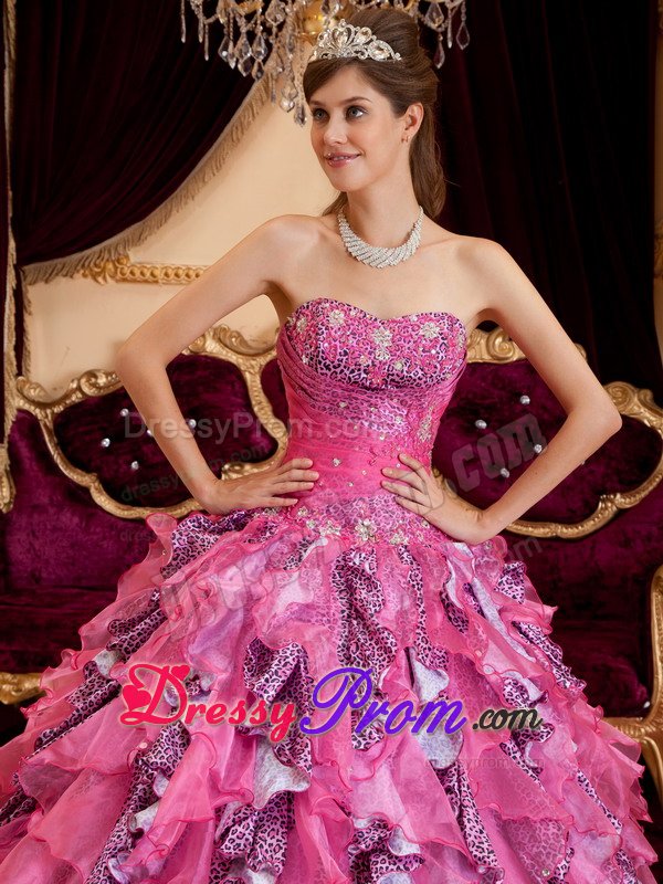 Sweetheart Beaded Sweet 15 Dresses Ruffled Layers Leopard Decorated