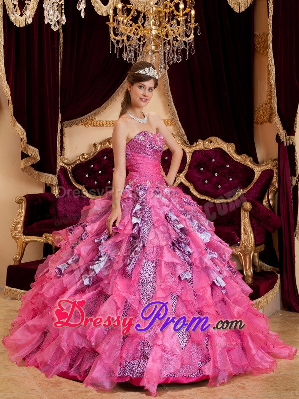 Sweetheart Beaded Sweet 15 Dresses Ruffled Layers Leopard Decorated