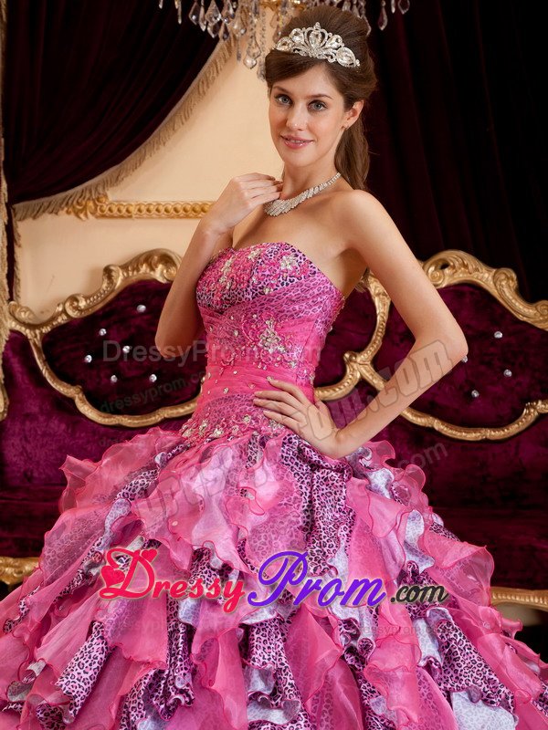 Sweetheart Beaded Sweet 15 Dresses Ruffled Layers Leopard Decorated