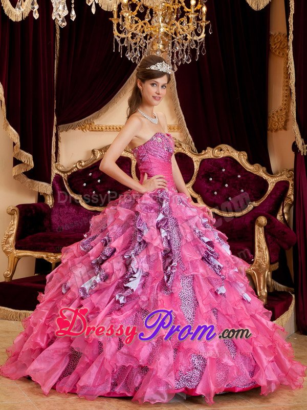 Sweetheart Beaded Sweet 15 Dresses Ruffled Layers Leopard Decorated