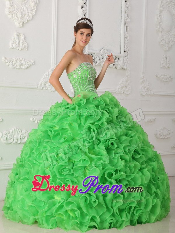 Ball Gown Beading Green Dresses for 15 Lace up Back with Ruffles