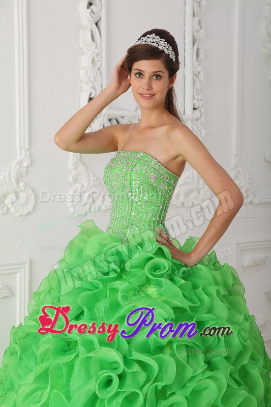 Ball Gown Beading Green Dresses for 15 Lace up Back with Ruffles