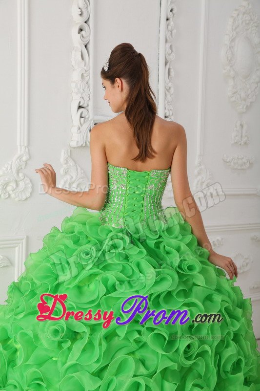 Ball Gown Beading Green Dresses for 15 Lace up Back with Ruffles