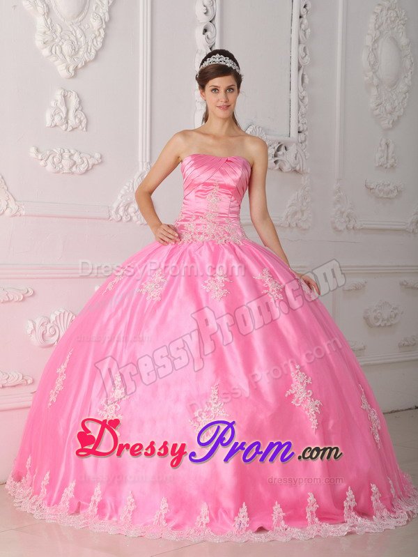 Rose Pink Ball Gown Sweet Sixteen Dresses with Appliques and Ruches