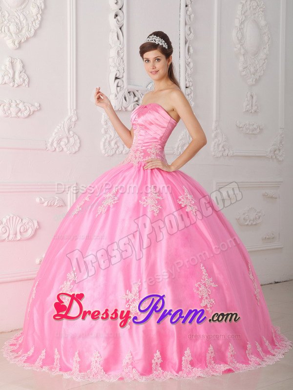 Rose Pink Ball Gown Sweet Sixteen Dresses with Appliques and Ruches