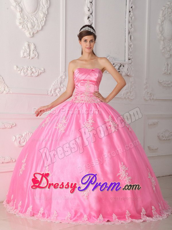 Rose Pink Ball Gown Sweet Sixteen Dresses with Appliques and Ruches