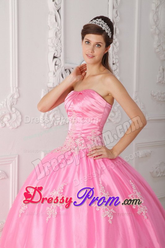 Rose Pink Ball Gown Sweet Sixteen Dresses with Appliques and Ruches