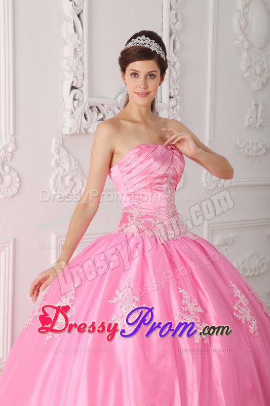Rose Pink Ball Gown Sweet Sixteen Dresses with Appliques and Ruches