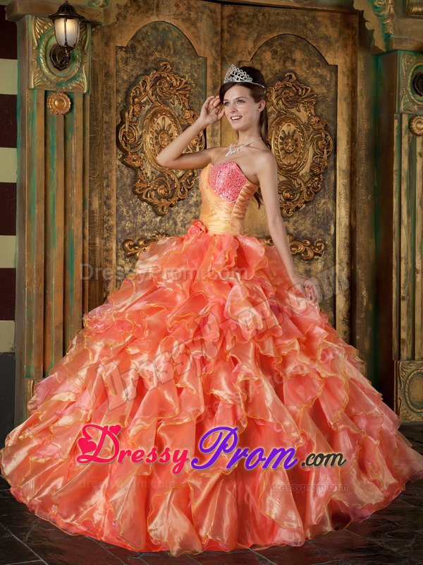 Orange and Watermelon Organza Beaded Ruffled Sweet Sixteen Dress