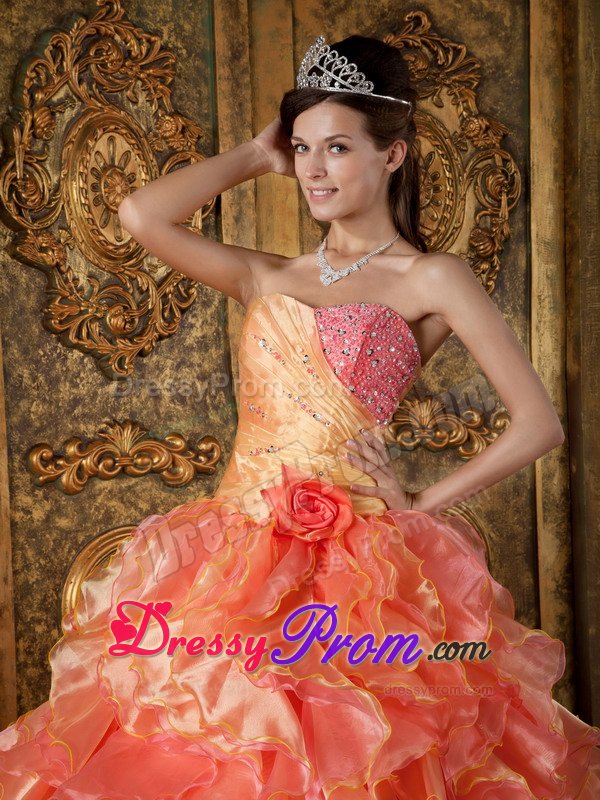 Orange and Watermelon Organza Beaded Ruffled Sweet Sixteen Dress