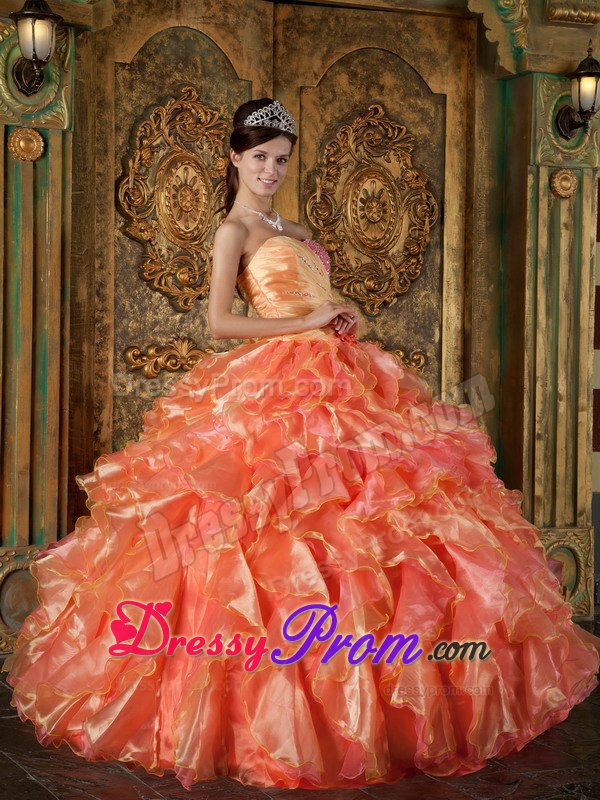 Orange and Watermelon Organza Beaded Ruffled Sweet Sixteen Dress