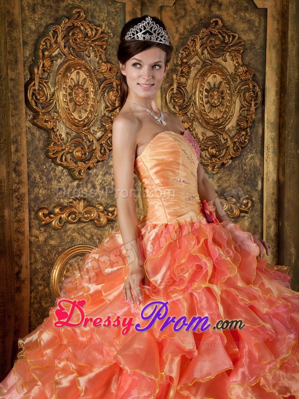 Orange and Watermelon Organza Beaded Ruffled Sweet Sixteen Dress